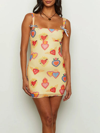 Women's Summer Bodycon Dress Sleeveless Square Neck Heart Print Mini Dress Tie Back Dress