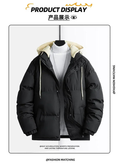 New Solid Color Hooded Collar Male Windbreak Cotton Padded Down Jacket Warm Thick Men Parka Winter Casual Mens Outwear Parkas