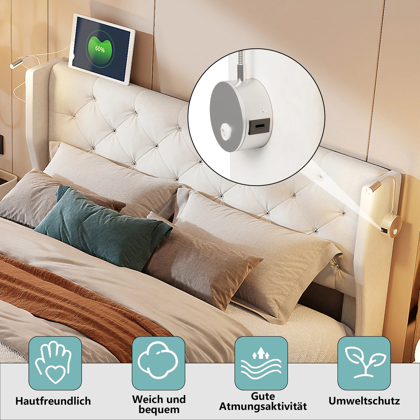 Double bed, 140x190 cm, equipped with LED strip and USB port, with a hydraulic storage chest, velvet fabric