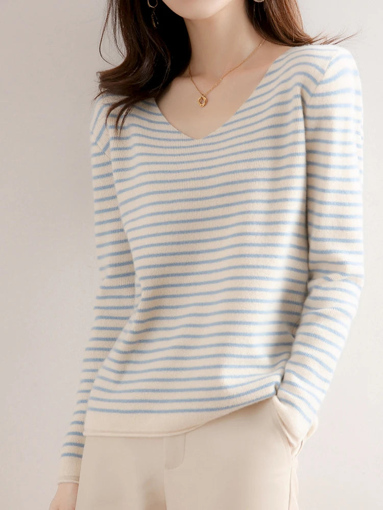New Striped V-neck Sweater Women's All-Match Loose Sweater Fall Winter Fashion Bottoming Shirt Inner Wear Blouse
