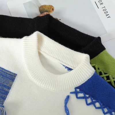 2024 Patchwork Knitted Sweater Trend High Street Autumn Winter Warm Men's Tops Hip-hop Street Clothing Fishing Sports Pullover