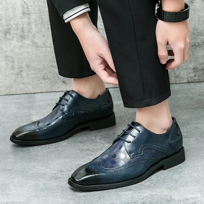 High End Brand Interview Office Business Shoes British Style Blue Brogue Shoes Massage Soles Men's Wedding Square Toe Shoes