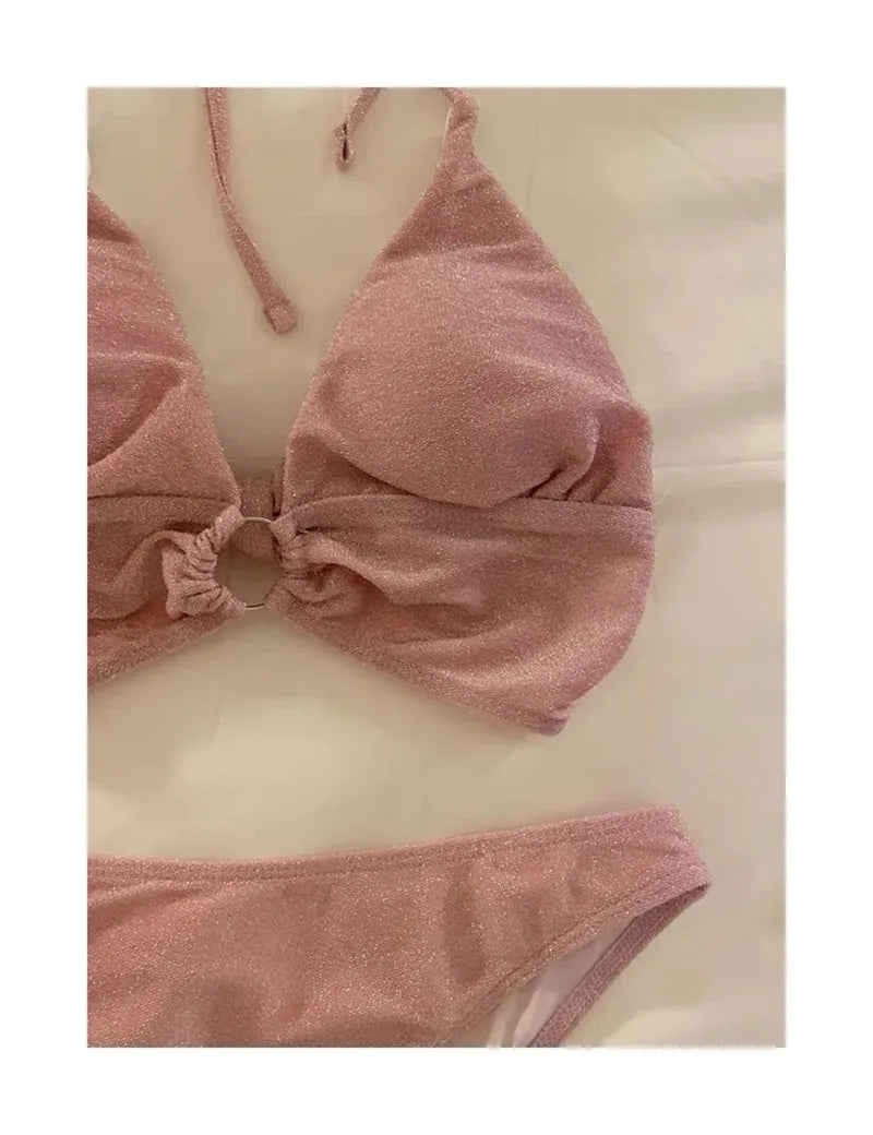 Swimsuit women's split three-piece set pure desire hot spring solid color sexy Korean small chest strap seaside vacation bikini