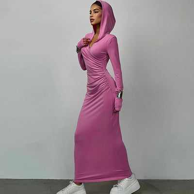Hugcitar Solid Hoodies V Neck Long Sleeve Draped Sexy Slim Maxi Dress 2023 Winter Women Fashion Y2K Outfits Streetwear Party