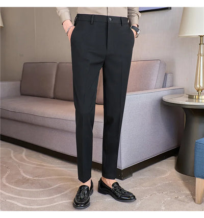 High End Elastic Waistband Suit Pants for Men Embroidered Business Casual Pants Solid Colror Versatile Social Office Trousers