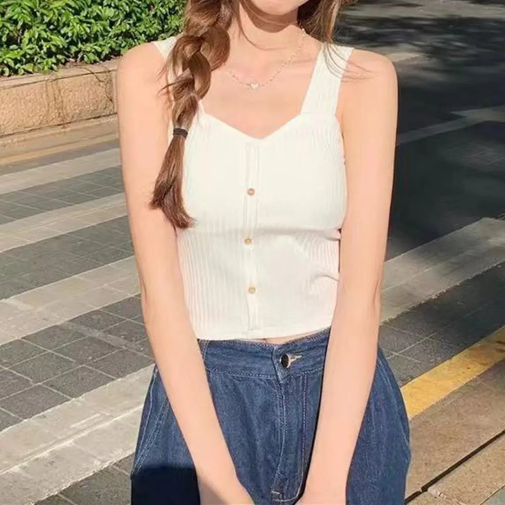 Women's Ribbed Tank Tops Y2K Cropped Tops with Bra Pads Knitted Button Down Suspenders Vest Sexy Camisole Female Short Tops