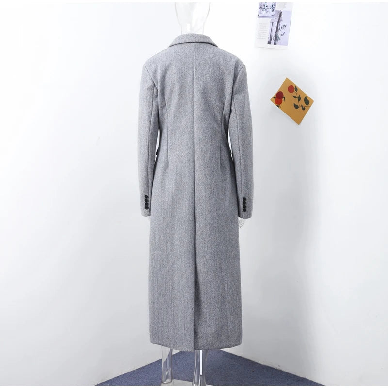 Woolen Burgundy Long Blazer Coat Women Single Breasted Notched Loose Long Sleeve Shoulder Pads Thicken Suit Jacket Female Office