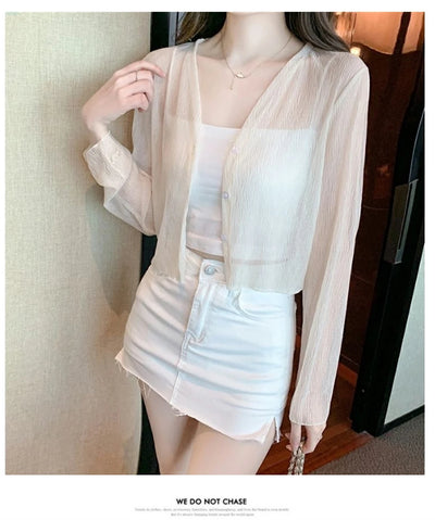Ice silk sun protection clothing for women in summer, thin chiffon cardigan with camisole skirt, outer cover, small shawl jacket