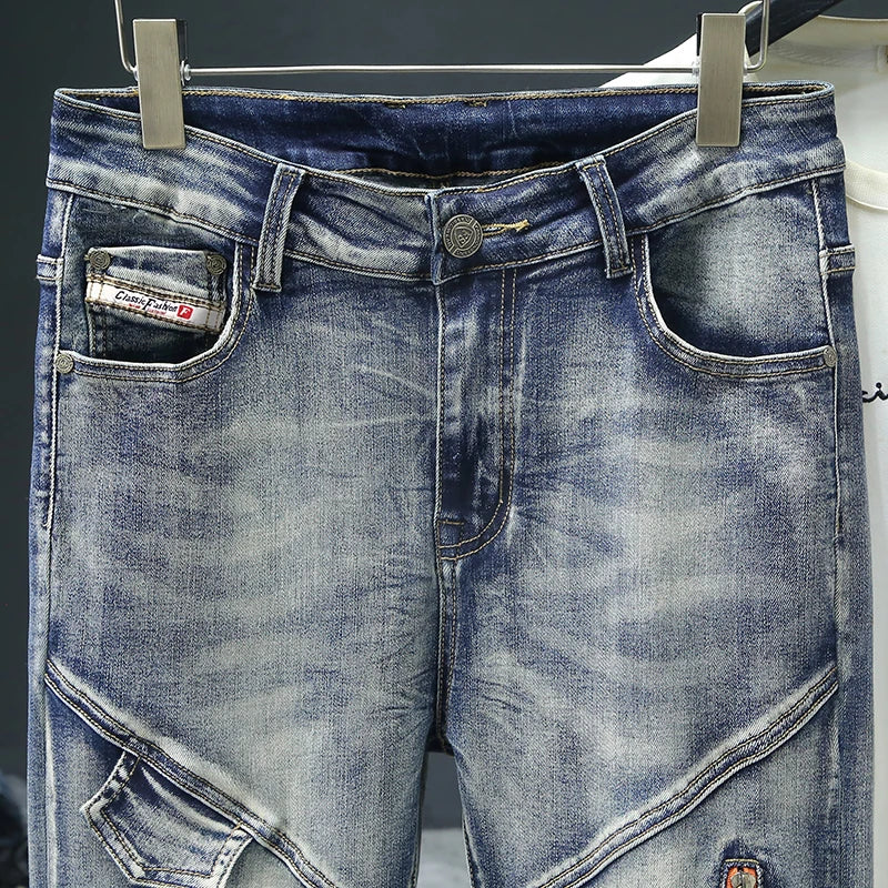 Retro Men's Jeans Slim Elastic Spliced zipper Skinny Pencil Trousers Harajuku Hip-hop Rock Motorcycle Denim Pants Streetwear