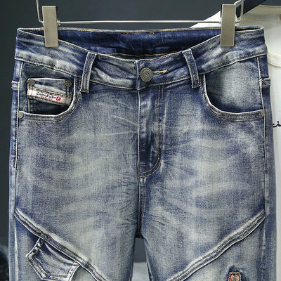 Retro Men's Jeans Slim Elastic Spliced zipper Skinny Pencil Trousers Harajuku Hip-hop Rock Motorcycle Denim Pants Streetwear