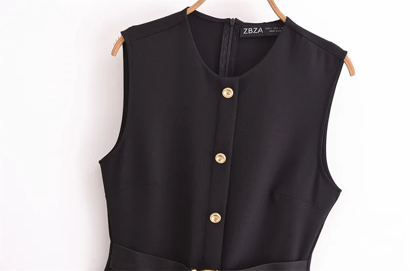 Women Long Dress Solid Color Summer Casual Slim Lady O-Neck Sleeveless Dresses Elegant Streetwear Female Button Up Belt Vestidos