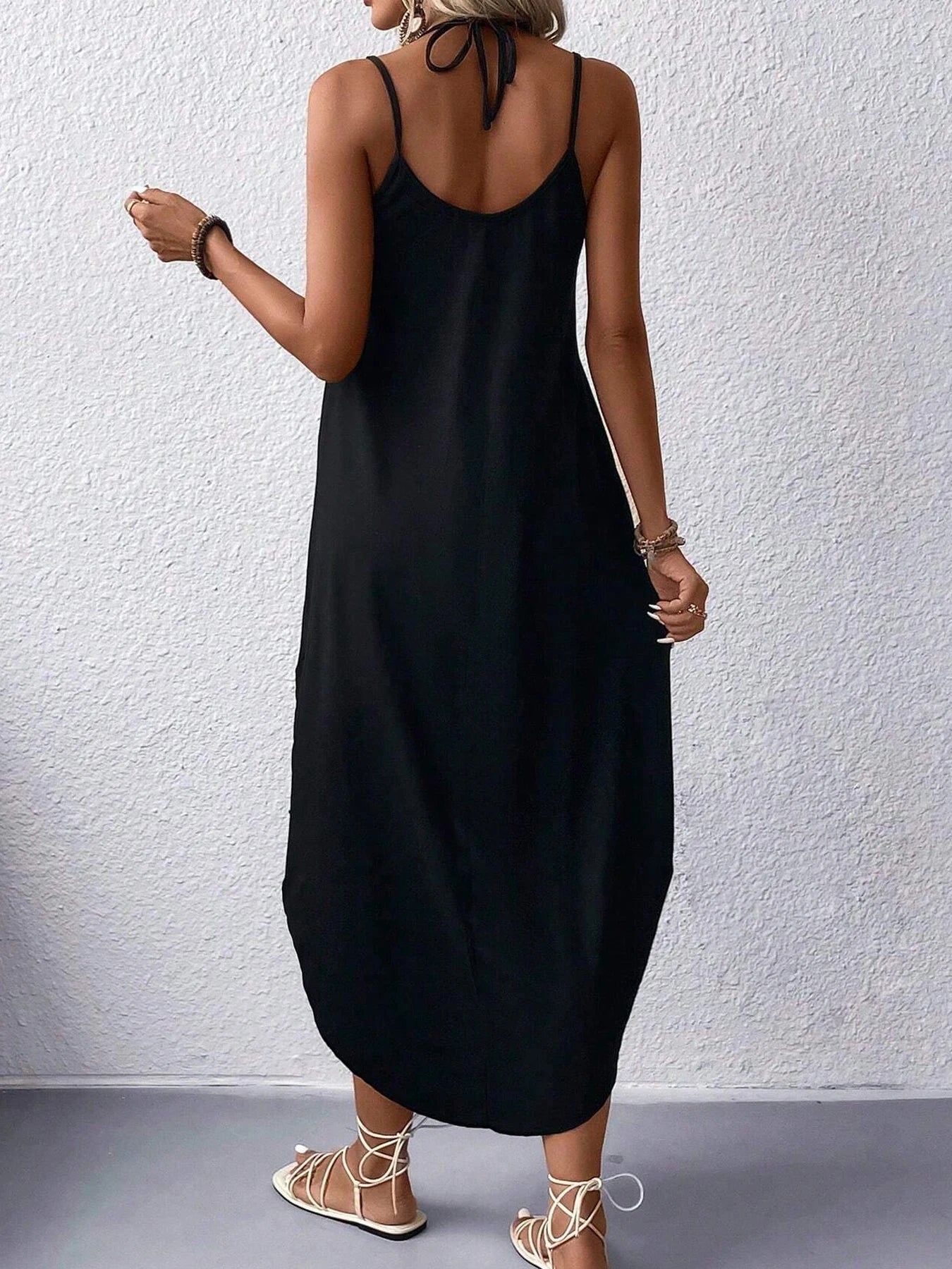 Trees  Curvy Hem Cami Dress, Sexy Sleeveless Spaghetti Strap Loose Maxi Dress, Women's Clothing