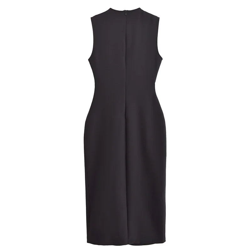Women Long Dress Solid Color Summer Casual Slim Lady O-Neck Sleeveless Dresses Elegant Streetwear Female Button Up Belt Vestidos