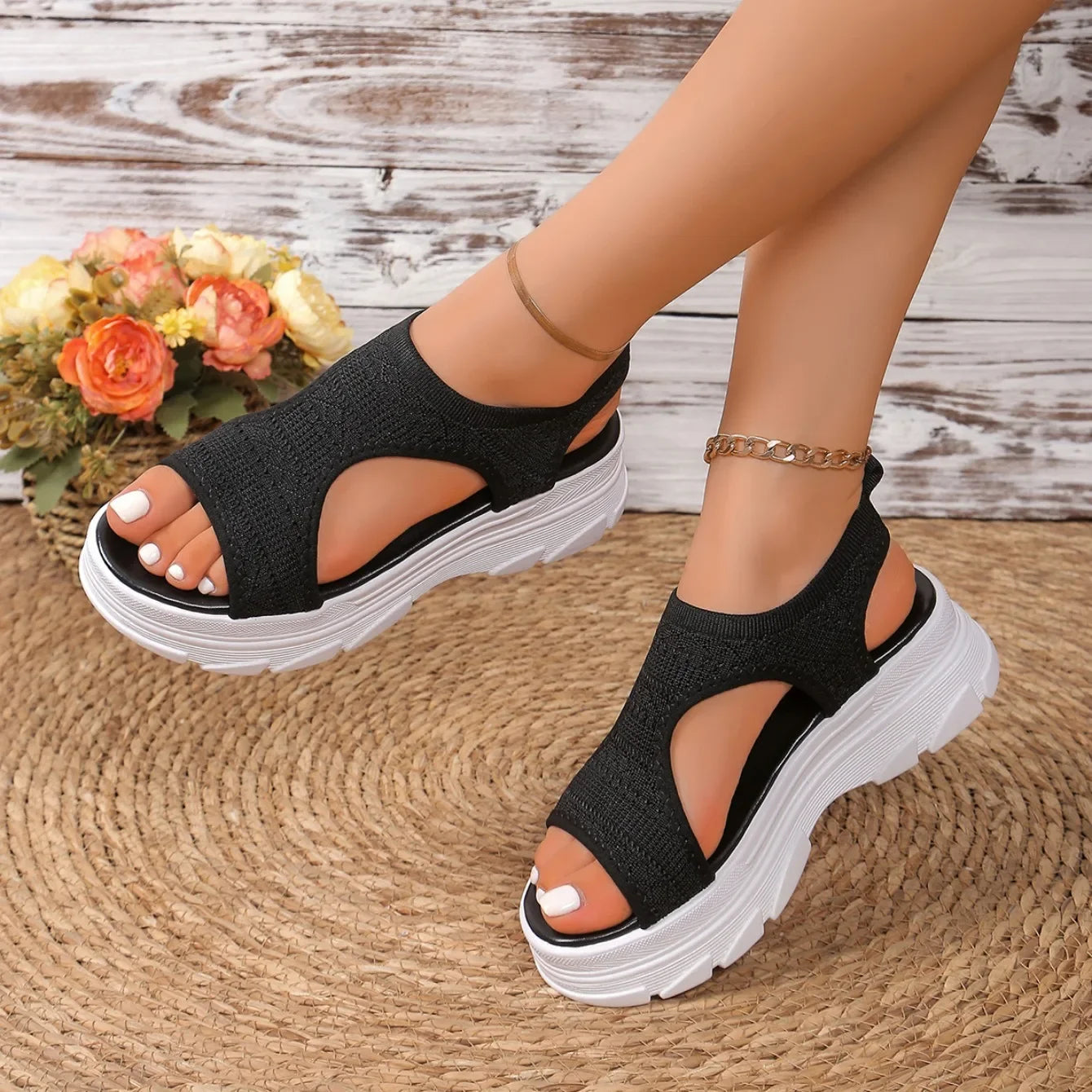 Women Summer Knitted Sports Platform Sandals Stretch Anti-slip Beach Sandals Casual Slip-On Thick Shoes Women Sandalias De Mujer