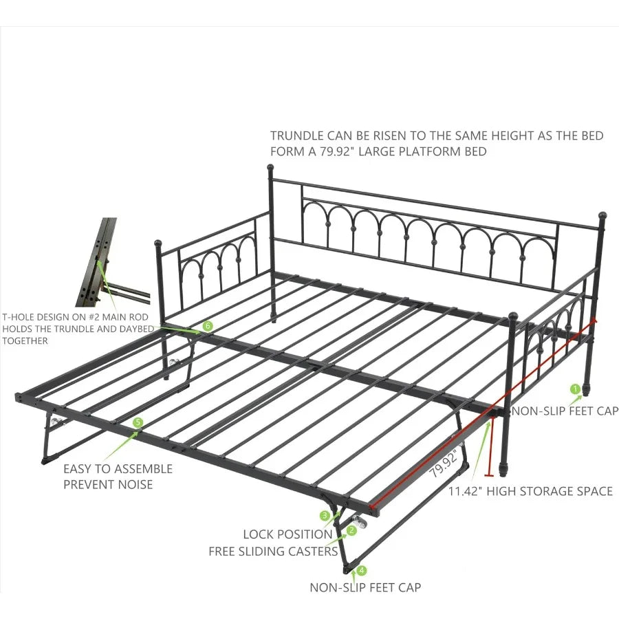 Twin Daybed with Trundle and Storage Bag Metal Daybed with Pop Up Trundle Day Bed Farm with Steel Slat port Sofa Bed for Teens