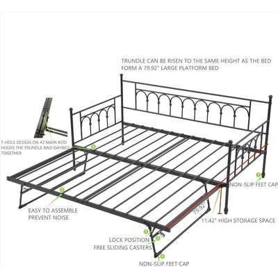 Twin Daybed with Trundle and Storage Bag Metal Daybed with Pop Up Trundle Day Bed Farm with Steel Slat port Sofa Bed for Teens