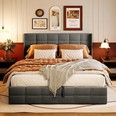 Queen Lift Up Storage Bed with Storage, Upholstered Platform Bed Frame with Modern Wingback Headboard, Woodern