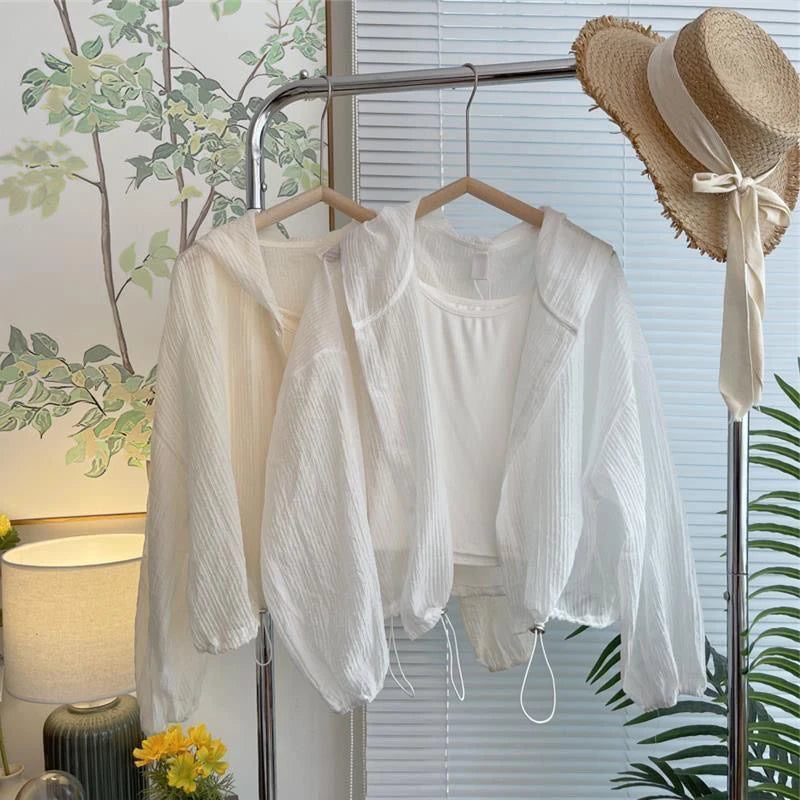 2024 New Faionable Hooded Versatile Texture Sun Protection irt Thin Sle Anti-Aging Women's Summer irt Jaet