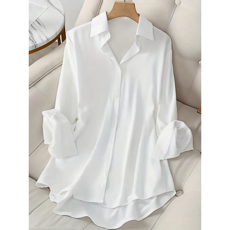 Women's Large Size Shirts White Top Lapel Spring and Summer Thin Travel Essential Single-breasted