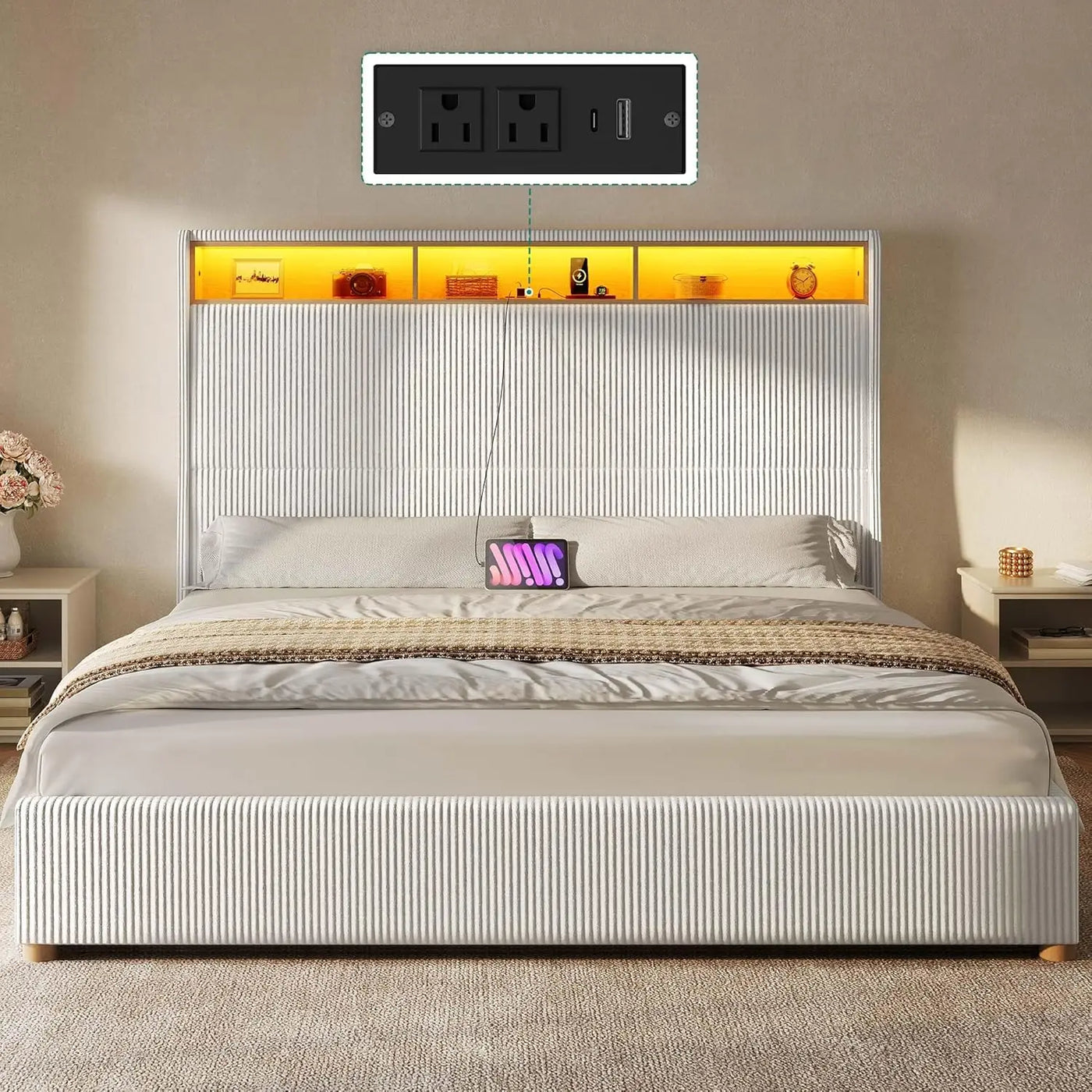 Queen Size Platform Bed Frame with 60" Tall Wingback Headboard and Footboard, Velvet Upholstered Bed with LED Light,Bed Frame