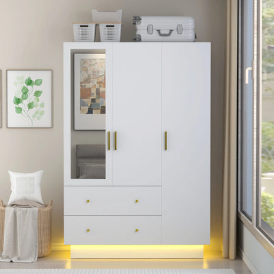 Modern Wooden Armoire Wardrobe Closet with Hanging Rod for Bedroom, 3 Door Wardrobe Closet with Mirror & LED Lights,White