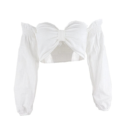 WhereMery Y2K White Off Shoulder Crop Tops Sexy Deep V-neck Puff Long Sleeves T Shirt Fashion Chic Bow Bandage Exposed Navel Top