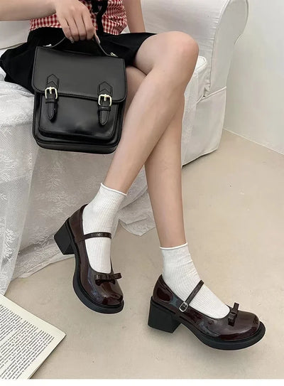 Round Toe Mid Heel Women Shoes 2024 Spring New Black Patent Leather Mary Jane Shoes Japanese Lolita Women's Pumps Zapatos Mujer