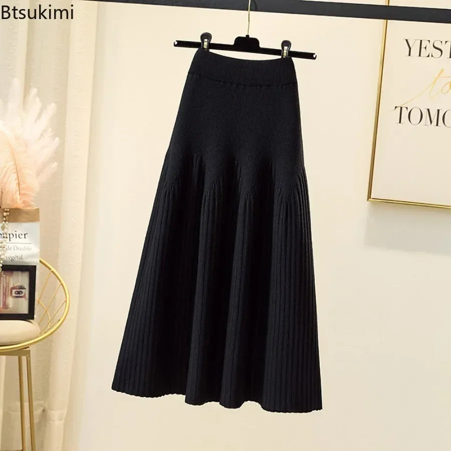2025 Women's High Waisted Thickened Knitted Skirt Mid-length Wool Skirt All-match A-line Long Skirt Autumn Winter Skirts Female