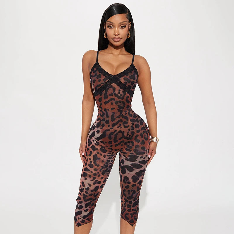 CUTENOVA New Women'S Leopard Print Lace Trim Patchwork Camisole Jumpsuit Bodycon Seven Points Jumpsuit Fashion Streetwear Romper