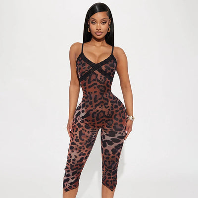 CUTENOVA New Women'S Leopard Print Lace Trim Patchwork Camisole Jumpsuit Bodycon Seven Points Jumpsuit Fashion Streetwear Romper
