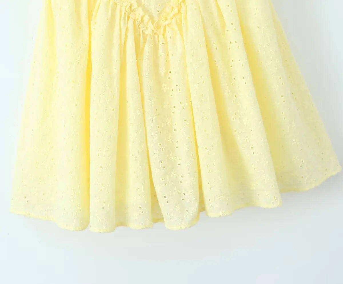 2024 Sexy Yellow Hollow out Embroidery Lace Cotton Corset Style Bow Sling Dress Women Low Waist Ball Gown Swing Mini Party Robe