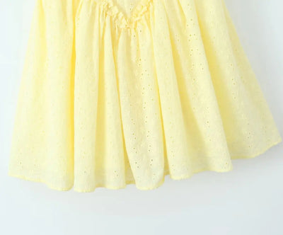 2024 Sexy Yellow Hollow out Embroidery Lace Cotton Corset Style Bow Sling Dress Women Low Waist Ball Gown Swing Mini Party Robe