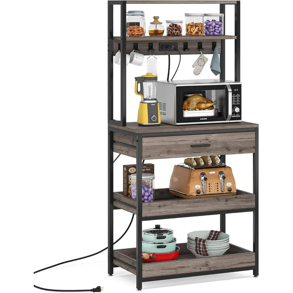 Bakers Rack with Power Outlets, 5-Tier Kitchen Storage Shelf, Microwave Oven Stand with Drawer, 65”H Coffee Bar Table