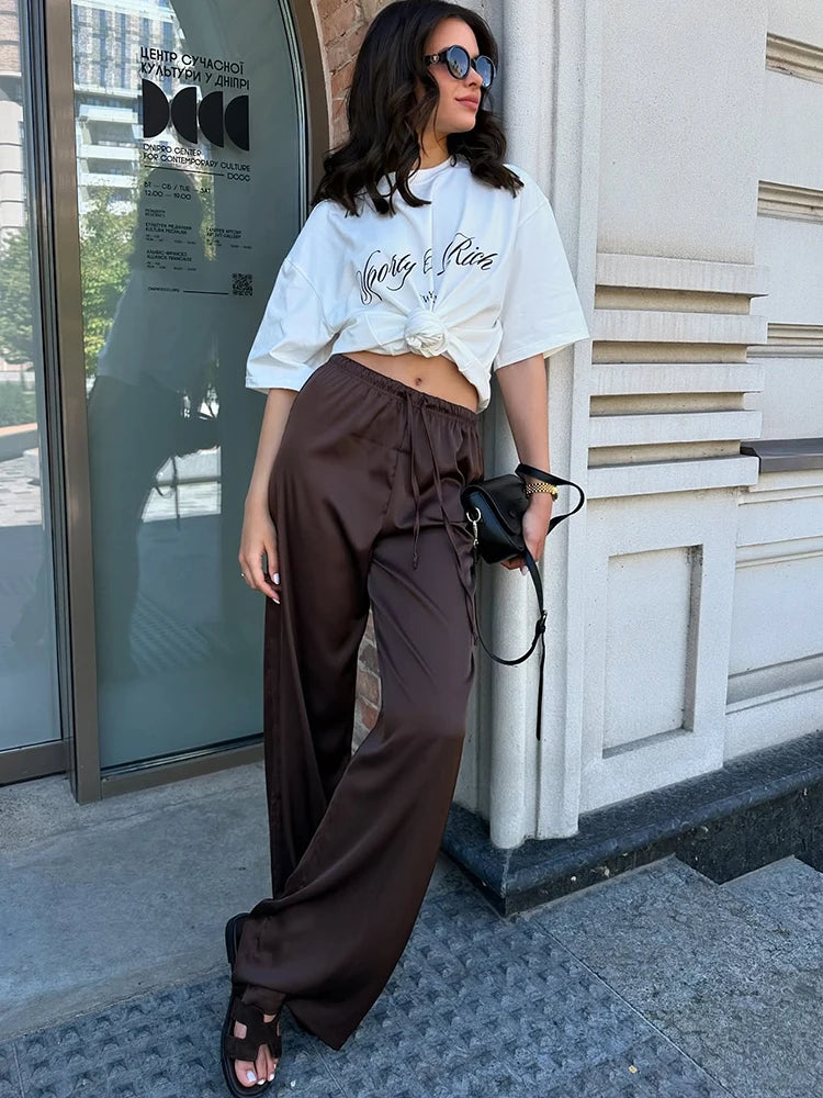JULISSA MO Satin High Waist Lace Up Women Trousers Pink Casual Basic Elastic Waist Drawstring Pant Lady Loose Elegant Streetwear