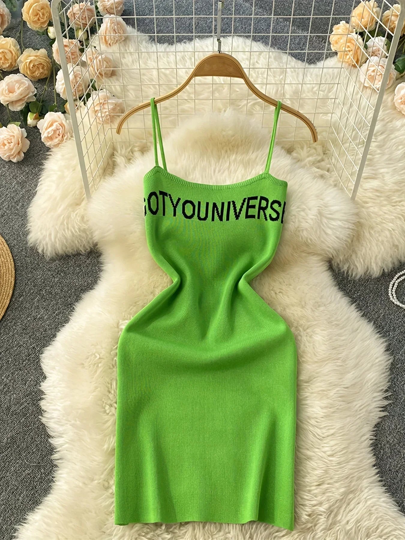 2026 Green Summer Letter Print Cami Dress Casual Sleeveless Bodycon Spaghetti Dress Women's Clothing Outfits Short Sundress