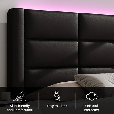 Bed Frame with Headboard and LED Lights,Modern Faux Leather Bed Frame with Wooden Slats Support and Duty Mattress Foundation