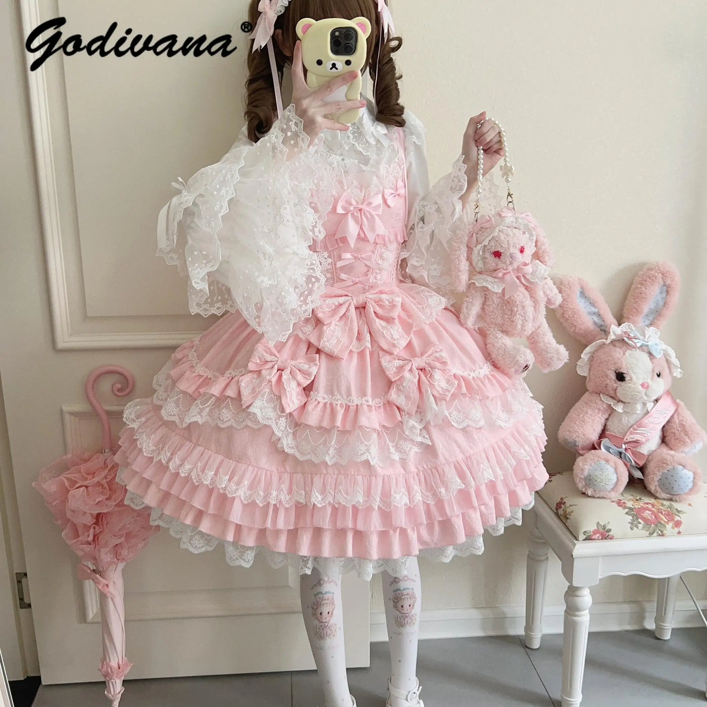 Original Lolita Dress Set Doll Feeling Girl Women's Sweet Jsk Suspender Dress Princess Fairy Lace Bow Sling Cake Dresses