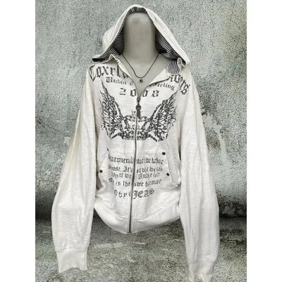 Print Tunic Hooded Y2k Coat Streetwear Fashion Casual Hoodies Tops Ropa Mujer Vintage Sweatshirts 2024 Women's Clothes White