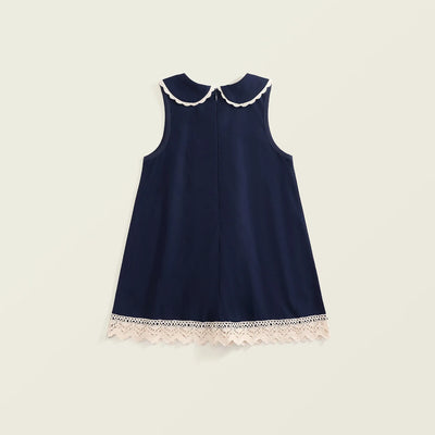 2025 Summer Toddler Girl Dress Cotton Turn Down Collar Kid Baby Girl Sling Dress Retro Loose Lace Patchwork Little Girl Sundress