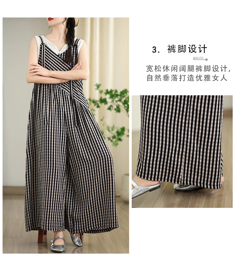 Oversized Summer Plaid Print Jumpsuit Women Wide Leg Loose Pleated Fashion Ladies Jumpsuits V-Neck Sleeveless Woman Jumpsuits