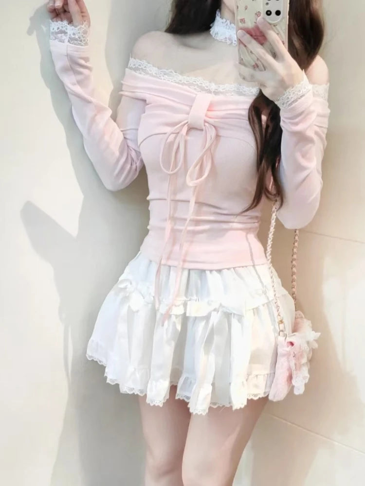 Design Sweet Off Shoulder Pink T-Shirts Women Elegant Kawaii Slim Long Sleeve Lace Tops Female Fashion Lovely Skinny Outfits New
