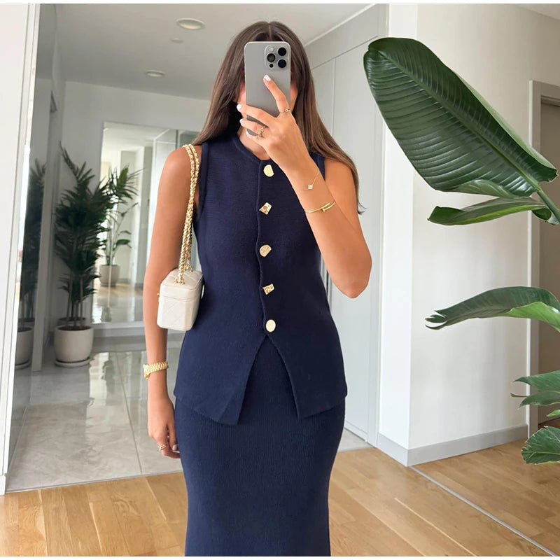 Single Breasted Knit Vest Mermaid Dress Woman Set O-Neck Split Sleeveless Top Solid Color Slim Long Dresses Casual Women Sets