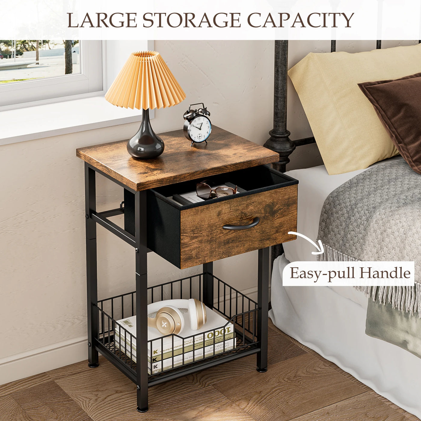 Bed Side Table with Adjustable Fabric Drawer Night Stand for Bedroom 3-Tier Storage End Table for Living Room
