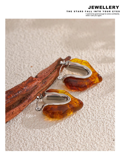 Yhpup Fashion Amber Resin Geometry Hoop Earrings Trendy Stainless Steel 18K PVD Plated Jewelry Accessories Gift
