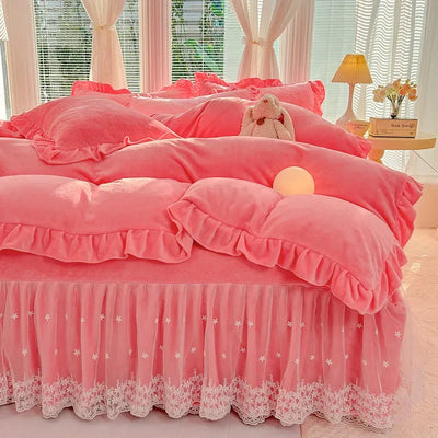 2024 hot solid color Korean version lace bed skirt kit flannel quilt cover thickened warm four-piece set