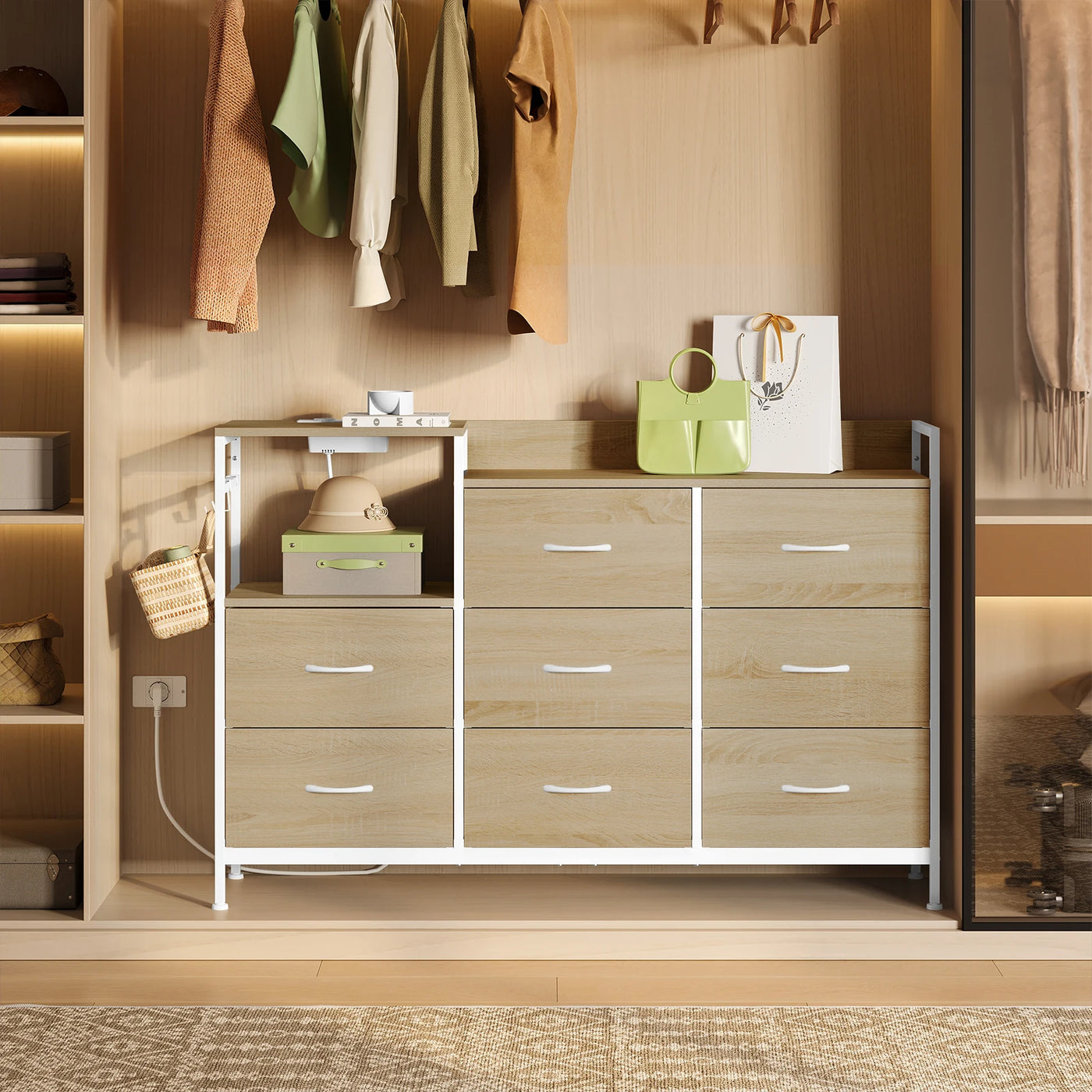 Chest of Drawers with 8 Fabric Drawer Sideboard Storage Cabinet for Kitchen Office with Charging Sockets Steel Frame 132x88x30cm