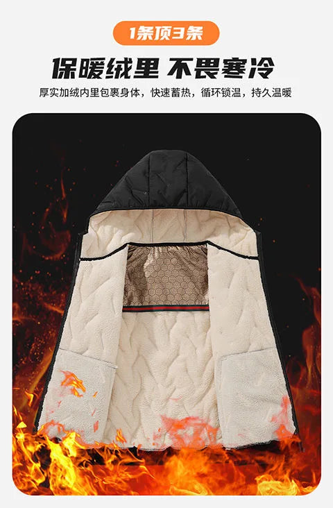 2024 Winter Fashion Sports Plus Fleece Thick Warm Jacket Men's Casual Loose Comfortable Plus Size Hooded Cotton-Padded Jacket