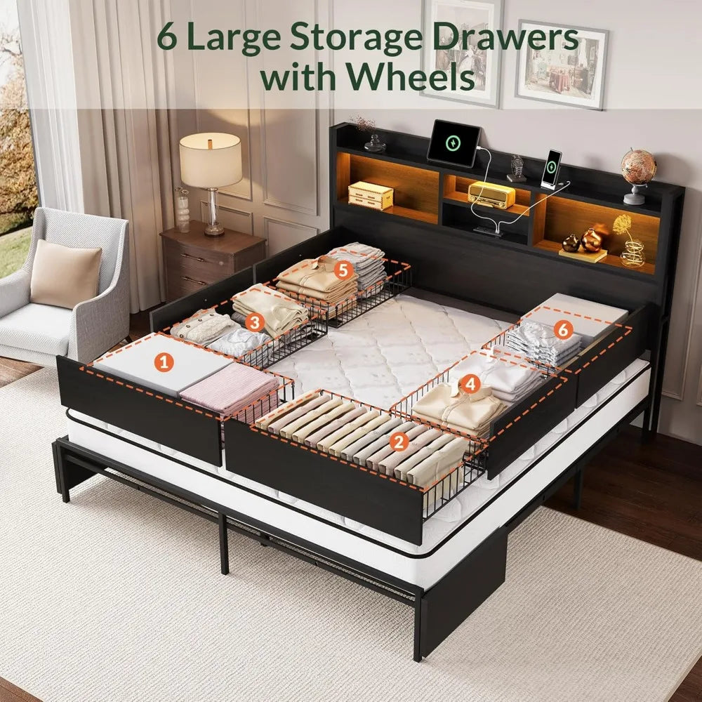 King Size Storage Bed Frame – 6 Built-In Drawers, Wooden Headboard & LED Lights with Charging Station