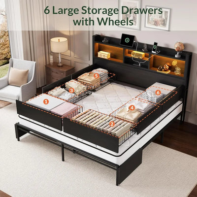 King Size Storage Bed Frame – 6 Built-In Drawers, Wooden Headboard & LED Lights with Charging Station
