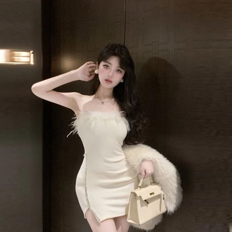 Strapless Dress Women Feather Collar Beaded Slit Birthday Party Wrapped Dresses